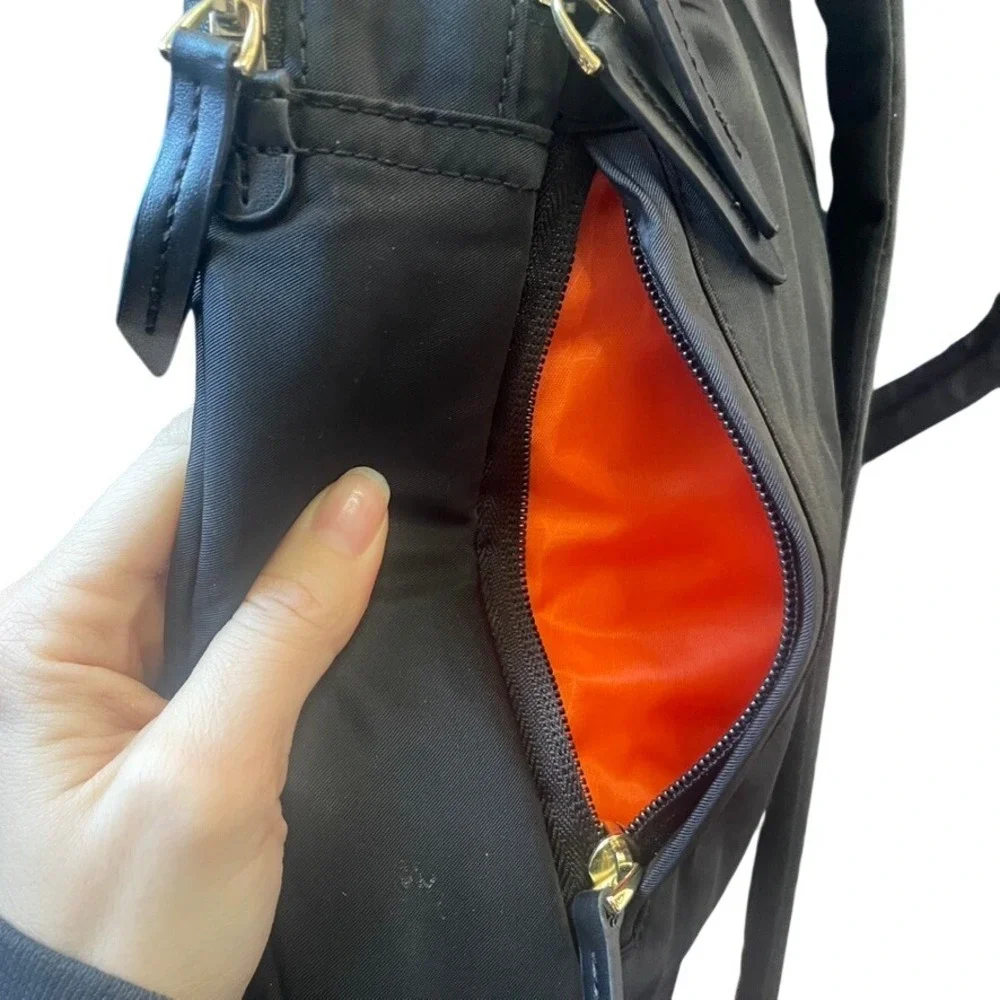 Targus Black Nylon Faux Leather Backpack Laptop Bag Gold Accents Orange Interior